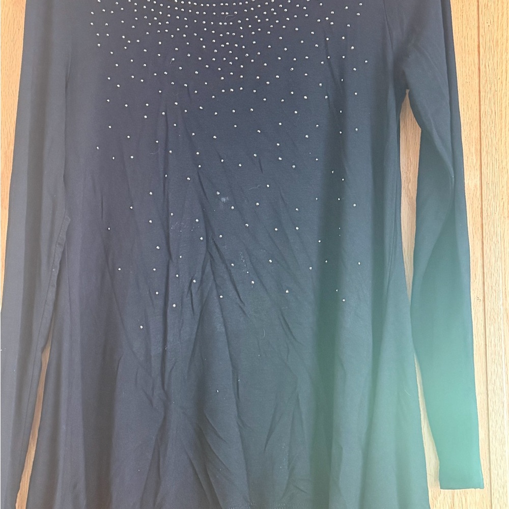 Women's Black Long-Sleeve Top with rhinestone Stud Detail